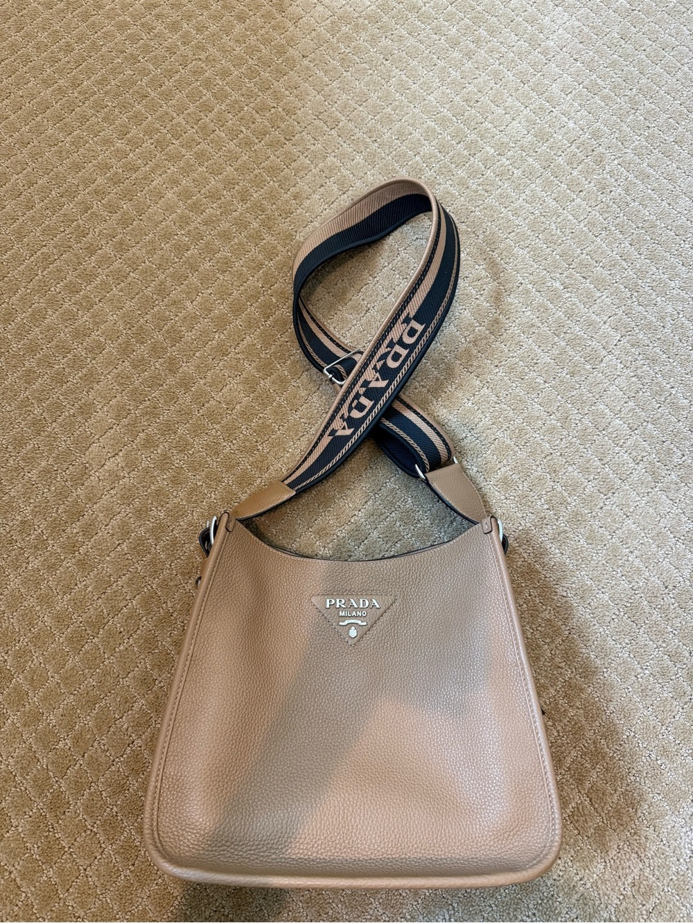 Prada Taupe Pebbled Leather Hobo with Black Logo Strap